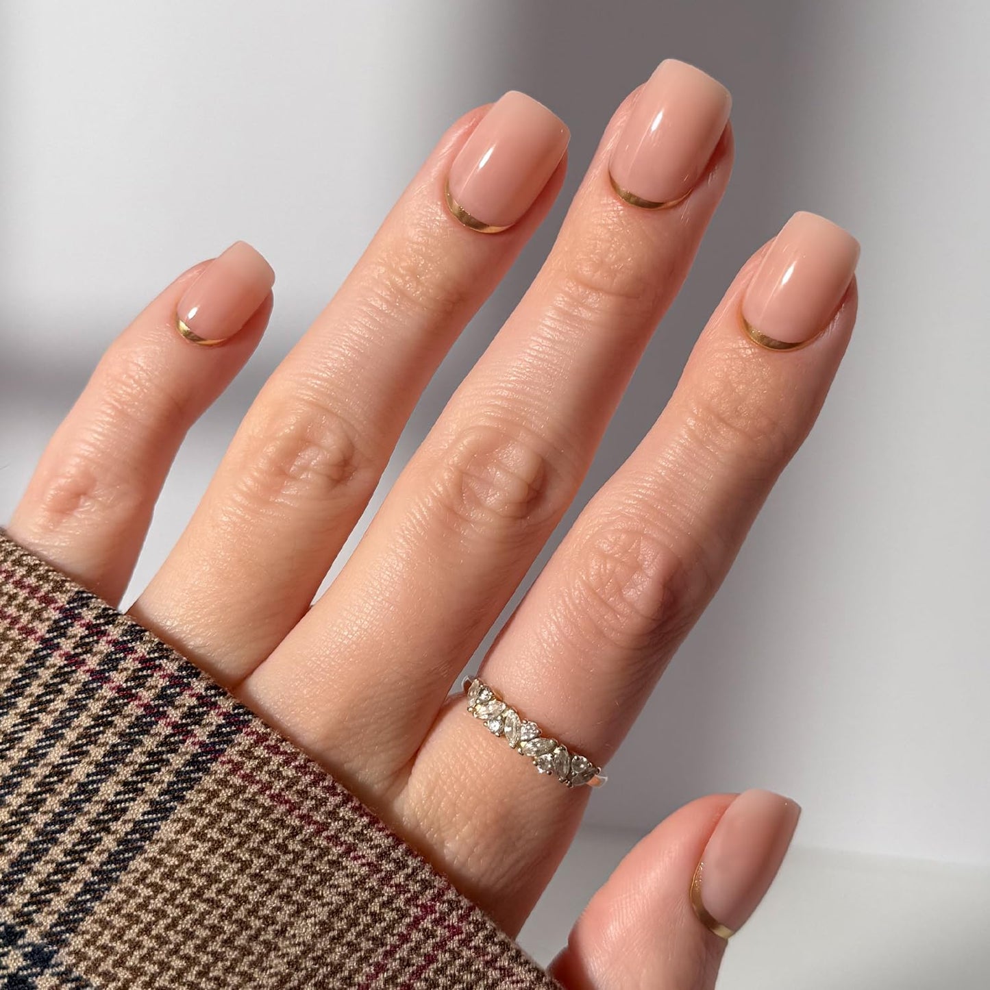 Glamnetic Press On Nails - Short Squoval Fake Nails, Nude Neutral Nails with Gold Reverse French Tip, Goal Setter | 15 Sizes - 30 Nail Kit with Glue | Gift for Mom
