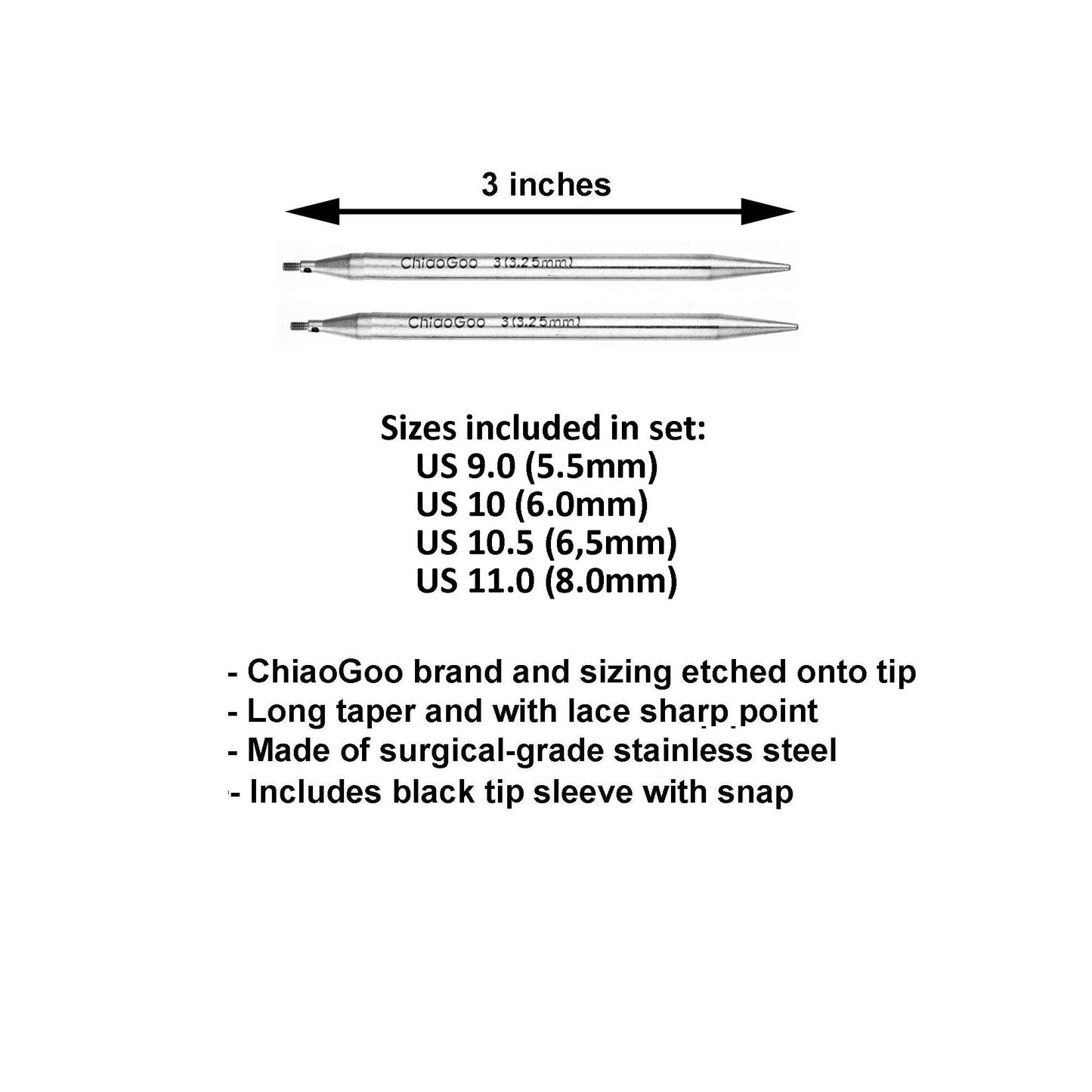 ChiaoGoo Twist Red Lace Shorties 3-Inch Large Yellow 7230-L Interchangeable Knitting Needle Set, US 9, 10, 10.5, 11 Stainless Steel with 3 Swiv360 Cables with Project Bag