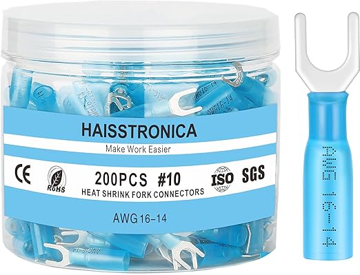 haisstronica 120PCS Heat Shrink Fork Spade Connectors #10 Waterproof Marine Grade Fork Terminal Connectors U-Type Yellow 12-10 Gauge