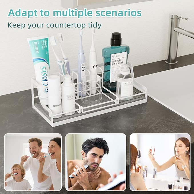 Toothbrush Holders, Bathroom Organizers and Storage with with Instant Drying Stone, 6 Slots Bathroom Accessories with Adjustable Toothpaste Holders, Bathroom Counter Organizer, White