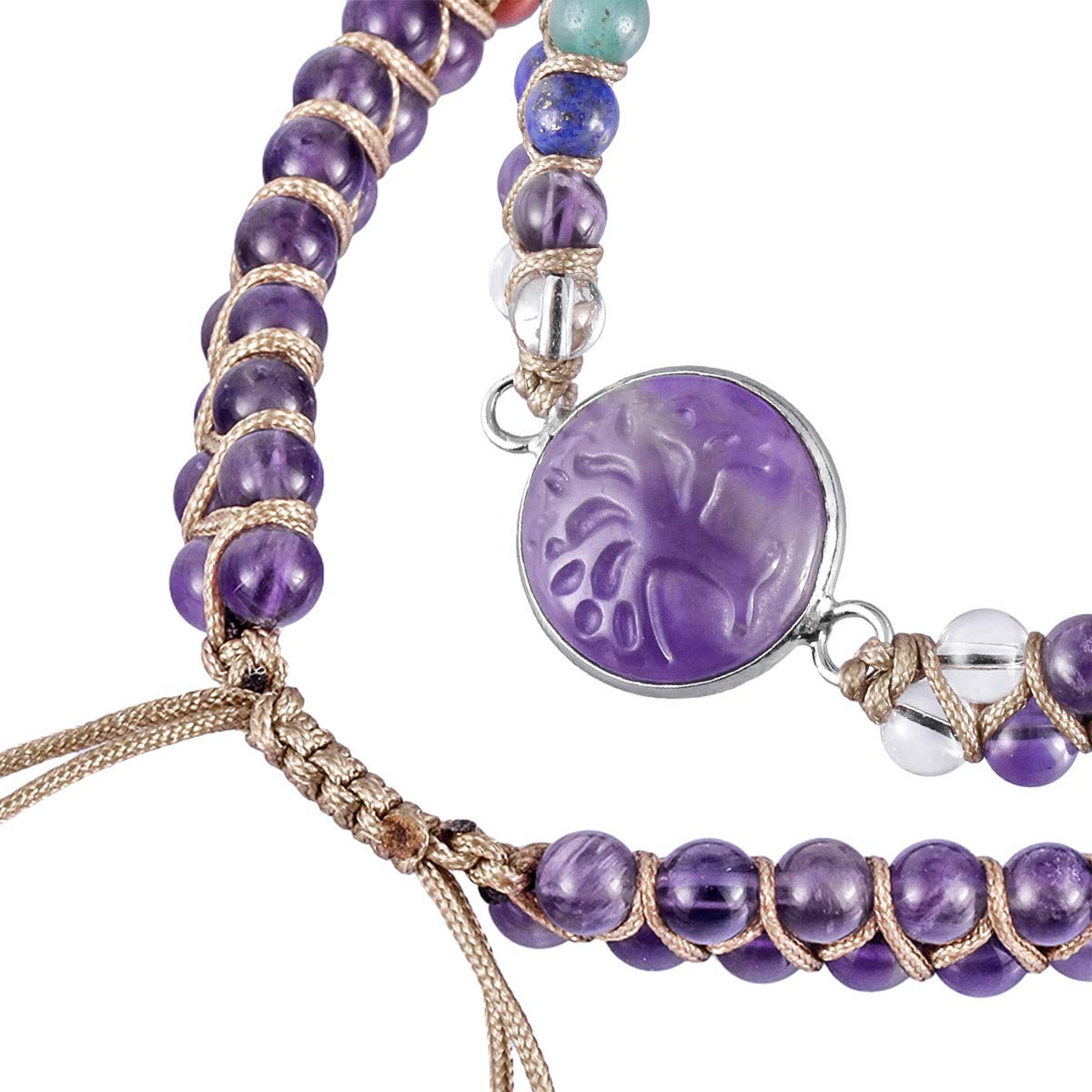 TUBMEELLUWA 7 Chakra Crystal Tree Pattern Braided Stone Beads Bracelet Adjustable Strand Beaded Bracelet Bangle Double Layers, Amethyst
