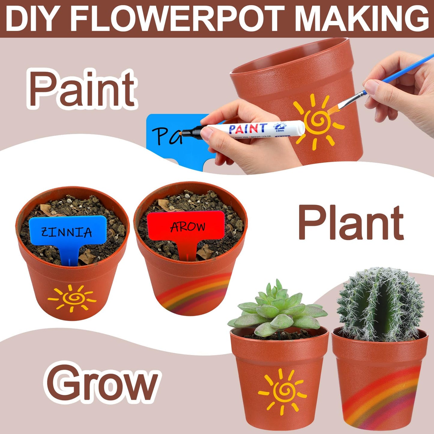 FillTouch 12 Sets Plastic Terracotta Pots Painting Craft Kit Plant Growing Kit Planter with Drainage Holes Tray 3.74'' Thickened DIY Seedling Pots Crafts for Office Home Spring Activity