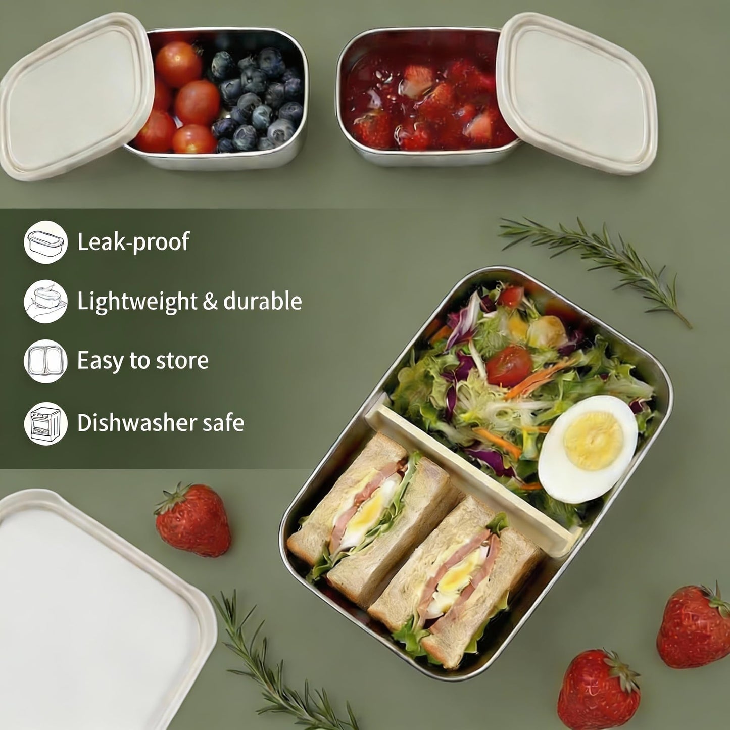 Koocovel Leak Proof Stainless Steel Bento Box Set - 3-Piece, Metal Lunch Box with Silicone Lid, Dishwasher Safe, Stainless Steel Lunch Box Containers for Home, Office, Camping (1 x 34 oz + 2 x 8.8 oz)