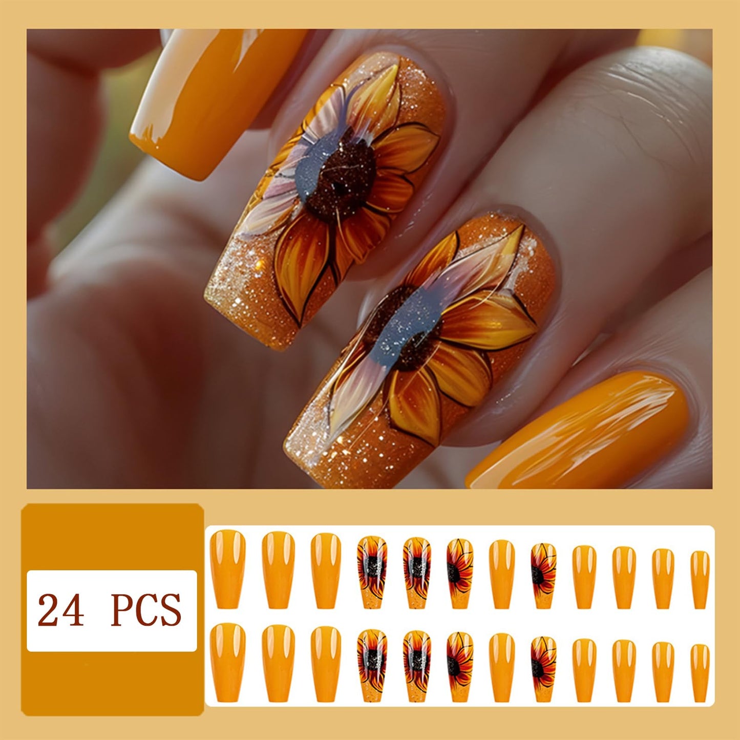 Glitter Yellow Flower Press on Nails Medium Coffin Fake Nails Flower False Nails with Sunflower Designs Glossy Stick on Artificial Nails Spring Summer Acrylic Nail Decorations for Women 24 pcs