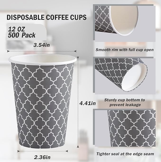 Lamosi Coffee Cups 12OZ 500 Pack, Disposable Coffee Cup, Disposable Cups,12 oz Hot Cups,12 oz Paper Insulated Cup for Cold Hot Drinks (No Lids)