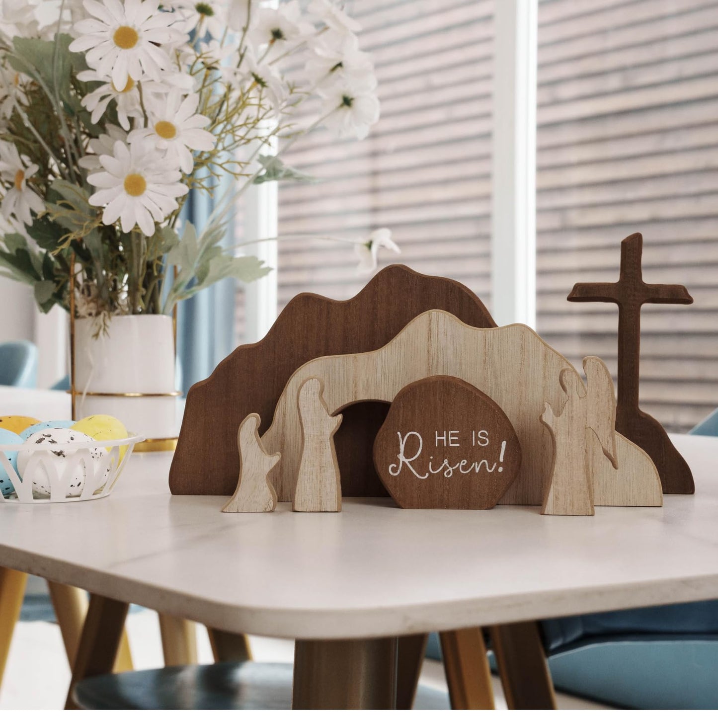 【He is Risen】Empty Tomb Scene Spring Easter Decorations, Jesus Nativity Resurrection Figurines Set With Wooden Cross For Home, Office, Table, Shelf, Mantle Decor – Christian Catholic Religious Gifts