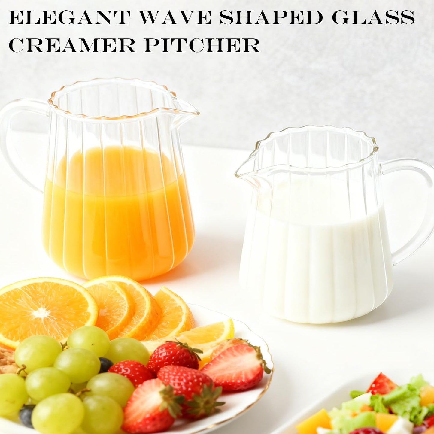 Enjamyo 2 Pcs Small Glass Creamer Pitcher With Box, 250ml Creamer Pitcher with Handle, Elegant Wave Shaped Small Glass Pitchers, Milk Frothing Pitchers, Serving Jug for Kitchen,Coffee Bar,Home