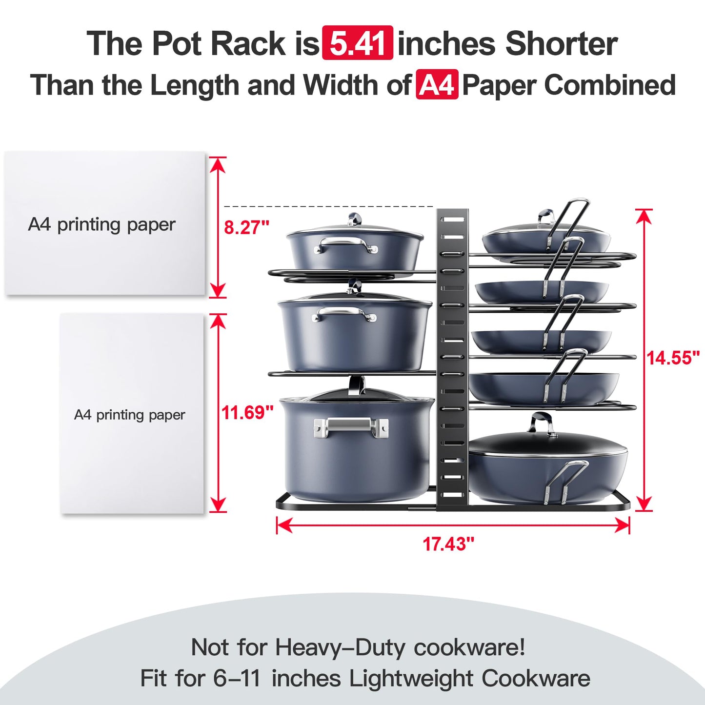 ORDORA Pots and Pans Organizer under Cabinet 14.55 Height, Adjustable 8-Tier Pot Organizers inside Cabinet, Kitchen Organizers and Storage Fit 6-11 inch Lightweight Cookware