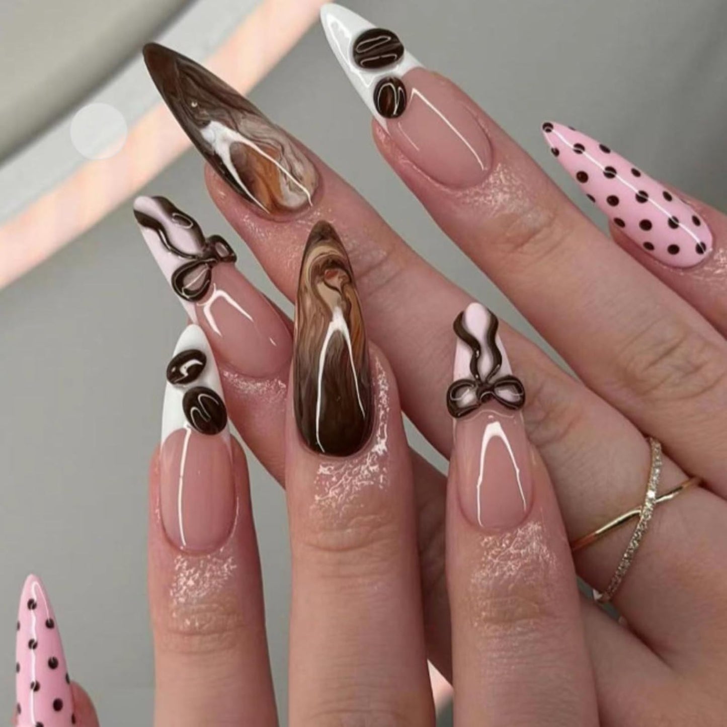 IMRAIN Press on Nails Medium Almond Fake Nails - 3D Bow, Coffee Bean, Polka Dot Design | Pink Brown Glossy Acrylic False Nails Cute French Tip Glue on Nails for Women