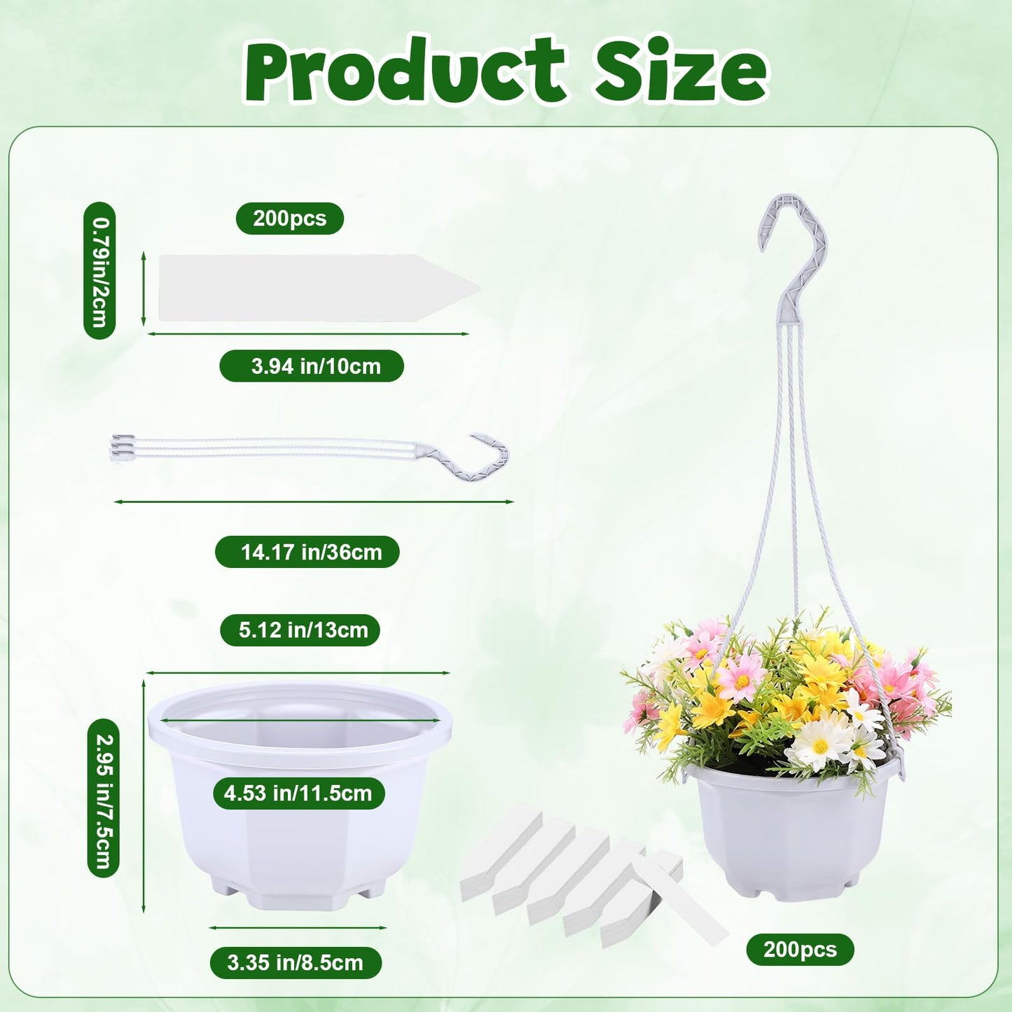 Romooa 200 Pack 5.1 Inch Plastic Hanging Pots Bulk Nursery Hanging Planters with Hooks and Drainage Small Grower Pots for Indoor Outdoor Plants, Garden, Includes 200 Labels(White)