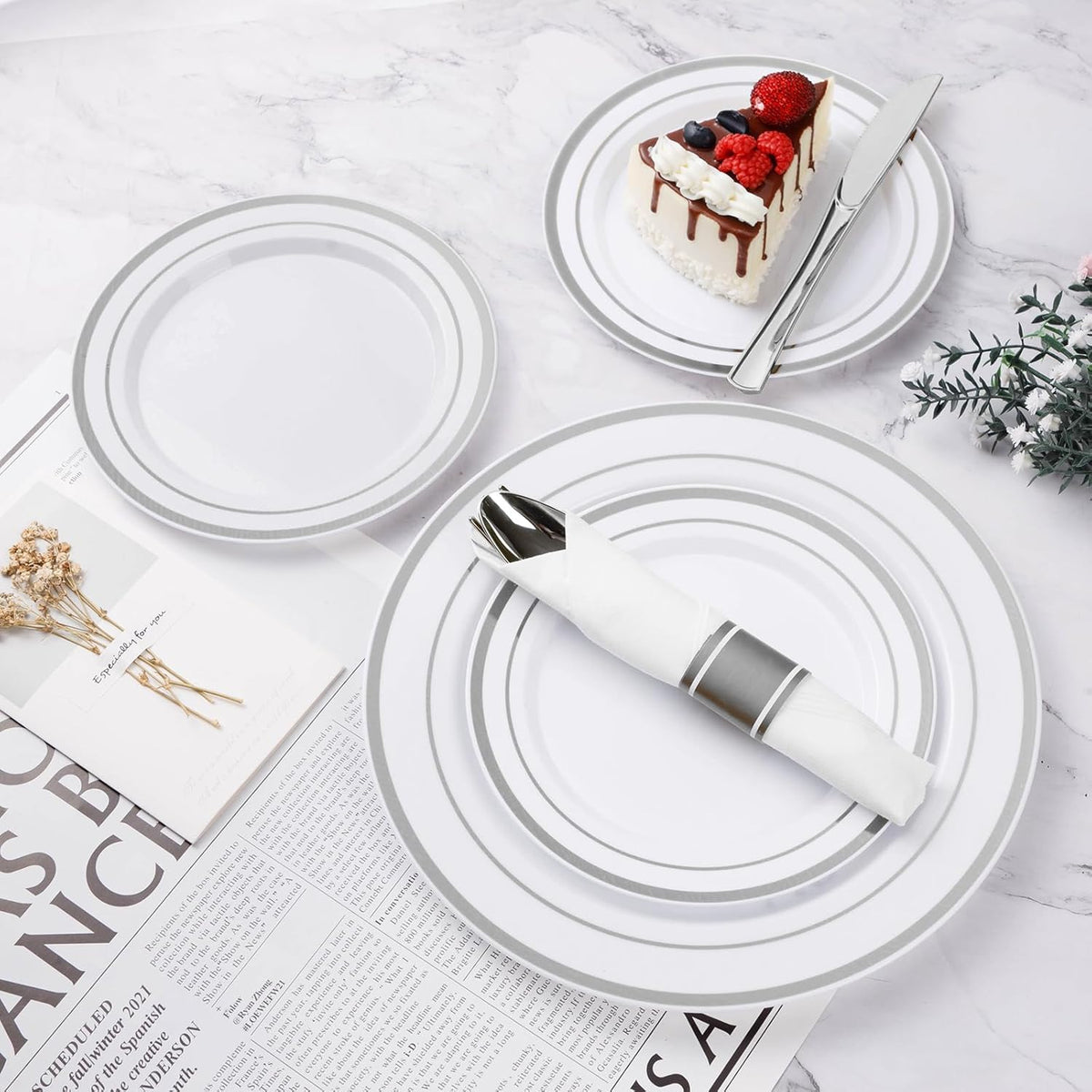 BESTVIP 350PCS Silver Plastic Dinnerware Set, Disposable Party Plates for 50 Guests, Include: 100 Plastic Plates, 50 Pre Rolled Napkins with Silver Silverware, 50 Cups