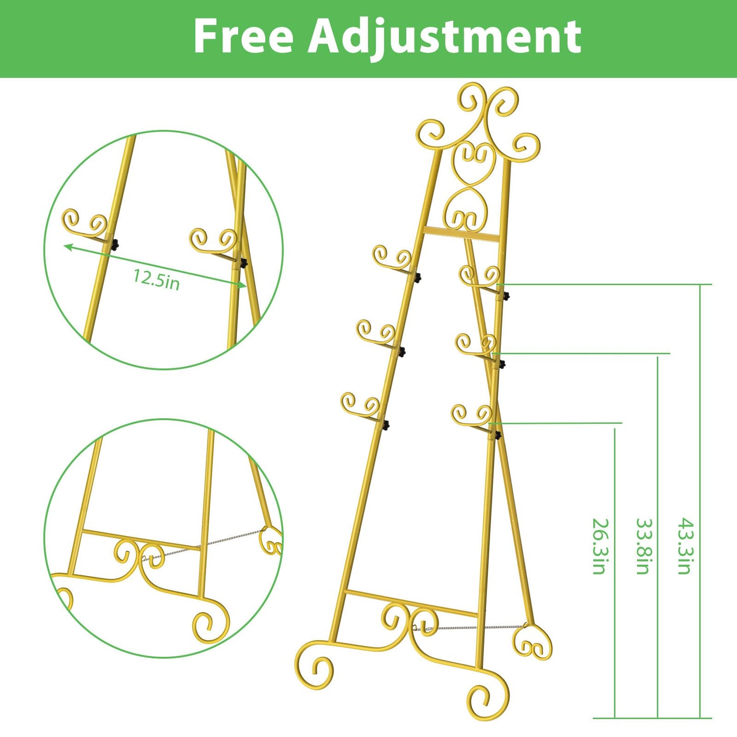 Skcoipsra 59IN Gold Easel Stand for Sign, 3 Tier Adjustable Larger Wedding Welcome Sign Holder, Art Poster Display Stand Free Standing with Chain