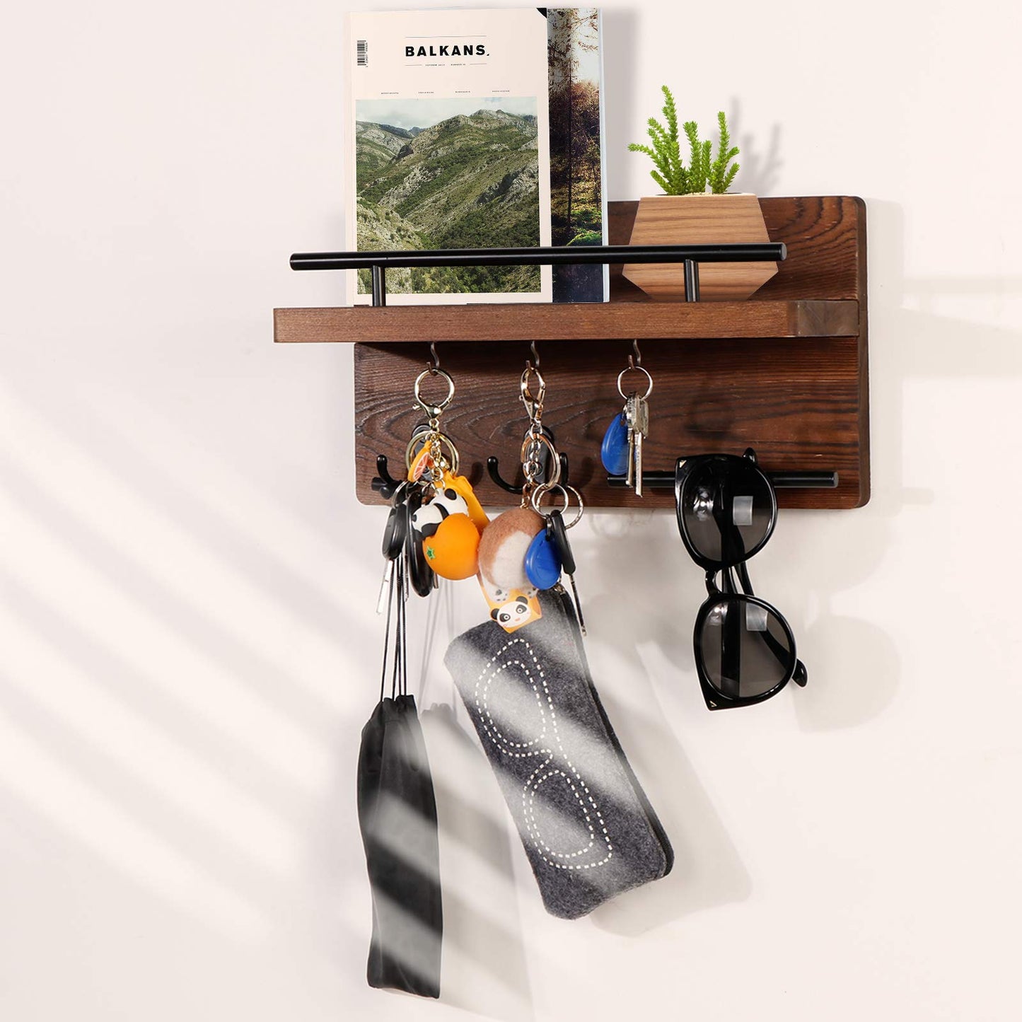 OurWarm Wall Mounted Key Holder/Hangers for Wall Decorative with 5 Key Hooks, Wooden Mail Rack Organizer with Shelf, Rustic Home Decor for Entryway Mudroom Hallway Office, Brown