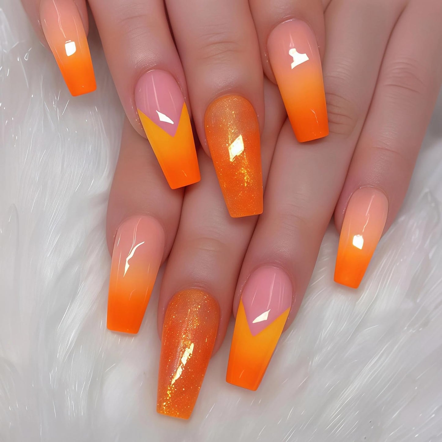 MISUD Press on Nails - Long Coffin Fake Nails with Summer Orange, Acrylic Bling Glitter Design 24 pcs
