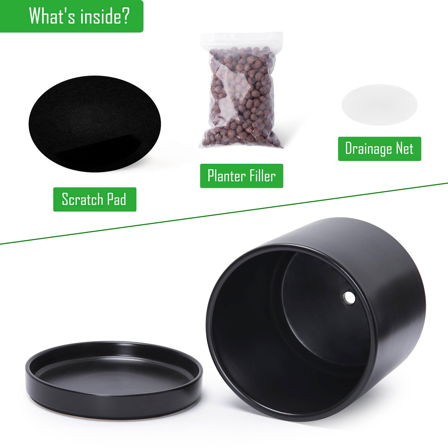 D'vine Dev Set of 2 Plants Pots, 10 Inch Ceramic Planter Pot for Plants with Drainage Hole and Saucer, Black, 94-V-E-2