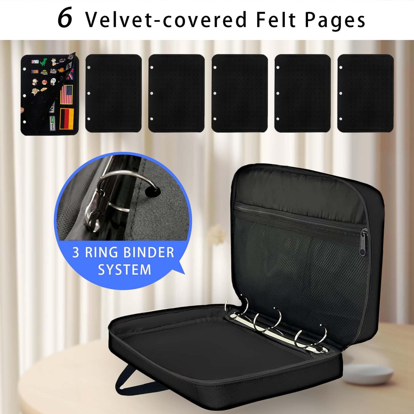 Mi Ya Mi Lai Extra Large Pin Display Book for Collectors,Portable 3 Ring Binder,Double Sided Felt Pages,Holds 300+ Pins & 50 Patches, Detachable Organizer (Black)