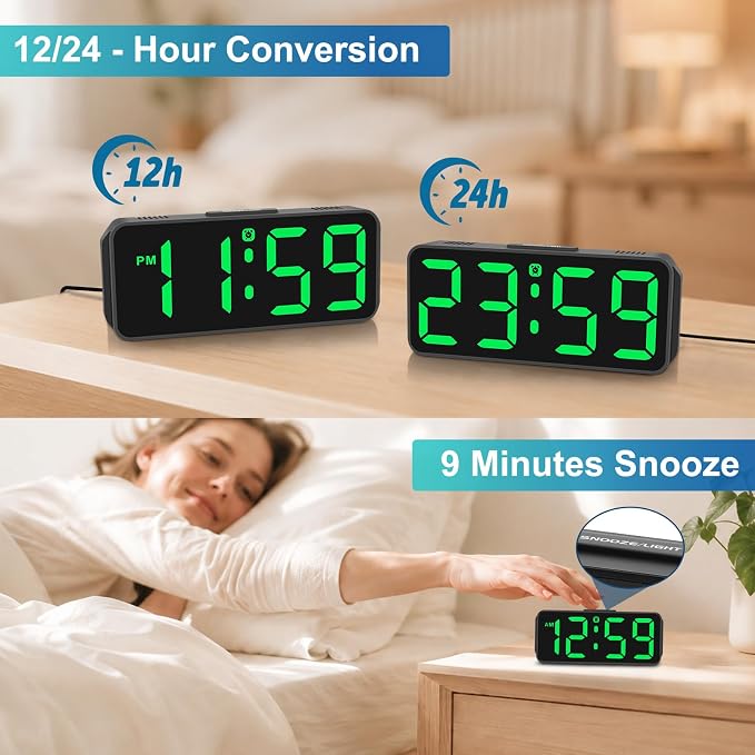 Peakeep Small Digital Alarm Clock for Bedroom, Large Number, Battery Backup | Plug-in Tiny Electric Clock Brightness Dimmable for Bedsise Desk Table Small Spaces, 5 Volume, Easy to Set, Adapter Included