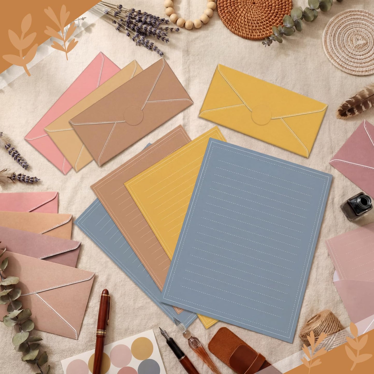 TaoBary 160 Packs Stationery Paper Set (50 Double Sided Stationery Writing Papers 50 Matching Envelopes) 60 Round Dot Sticker, 10 Design(11 x 8.5 Inch,Boho Color)