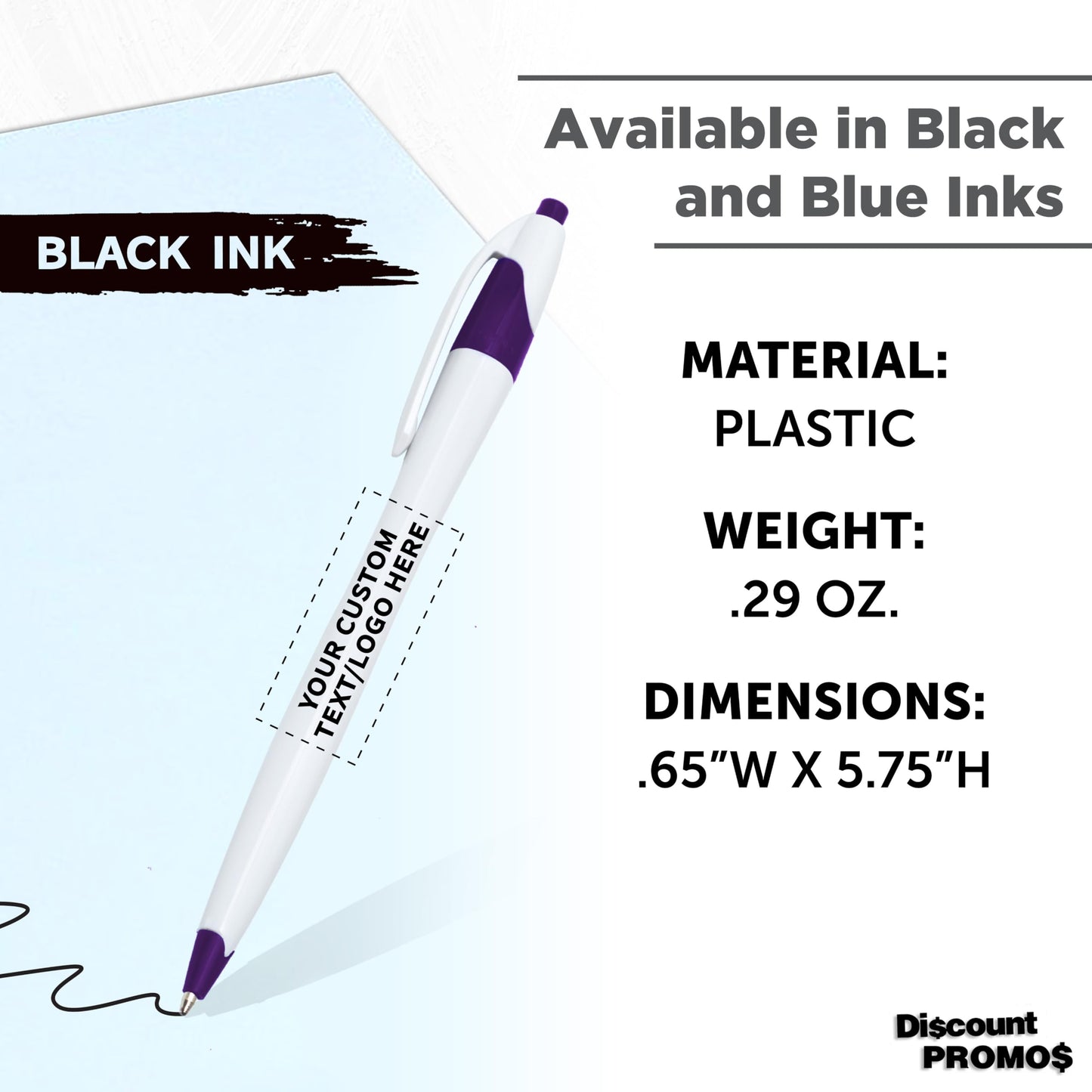 Personalized Ballpoint Pens Set of 10/50/100 by DISCOUNT PROMOS- Black Ink, Slim & Curvy Design, Retractable, Ideal for Office, Corporate Merchandise, Tradeshows- Purple