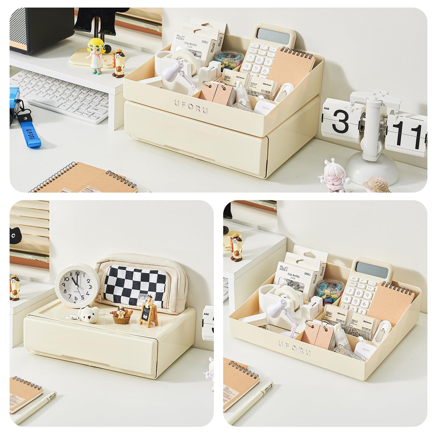 UFORU Desk Organizer with 6 Compartments, 2 Tier Stackable Storage Drawers Plastic Makeup Storage, Office Desk Storage Box, Stationary Sorting Helper