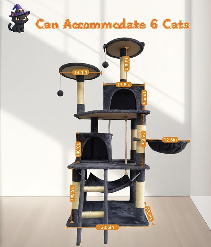 61in Cat Tree Tower for Indoor Cats with Cozy Basket & Hammock