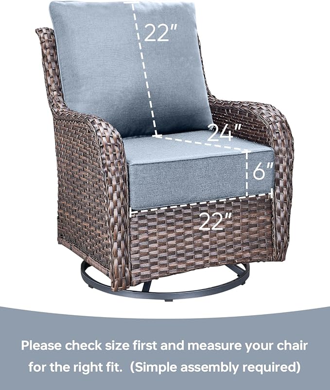 Luxury 22x24/22x25 6-Inch Patio Chair Cushions Set of 3 - Memory Foam Deep Seat Water-Resistant Patio Cushion for Dining Rocking Swivel Chairs Loveseat 3-Seater Sectional Sofa - Baby Blue