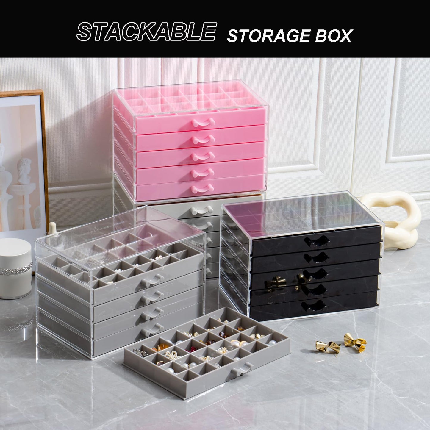 YUFONG Earring Storage Box Organizer, Acrylic Jewelry Storage Box Holder 5 Drawers Transparent Jewelry Display Stand with 120 Small Compartments Gift Boxes for Women Girls (Black)