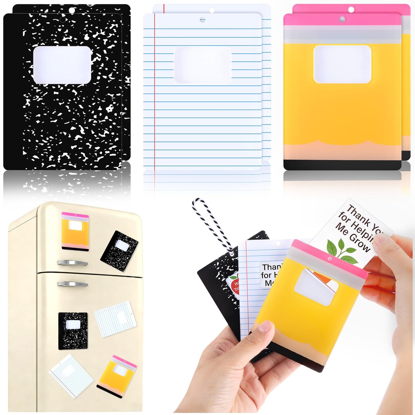 Poola Voidra 6 Pcs Teacher Appreciation Magnetic Gift Card Holder Composition Book Notebook Pencil Acrylic Gift Card Sleeves Thank You Teacher Money Holders for Back to School Appreciation Week