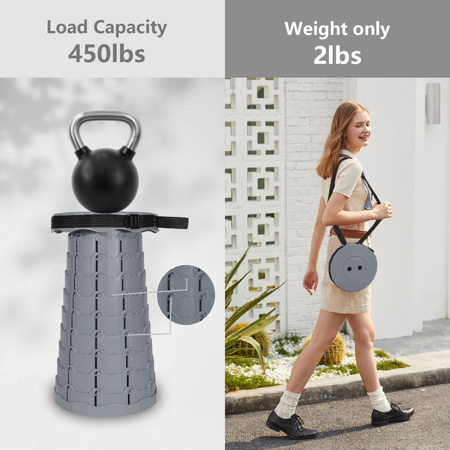 RizzQi Upgraded Collapsible Stool 450LBS - Adjustable Height (2.5"-18") Portable Telescoping Seat for Camping Hiking Indoor Office (Light Gray)