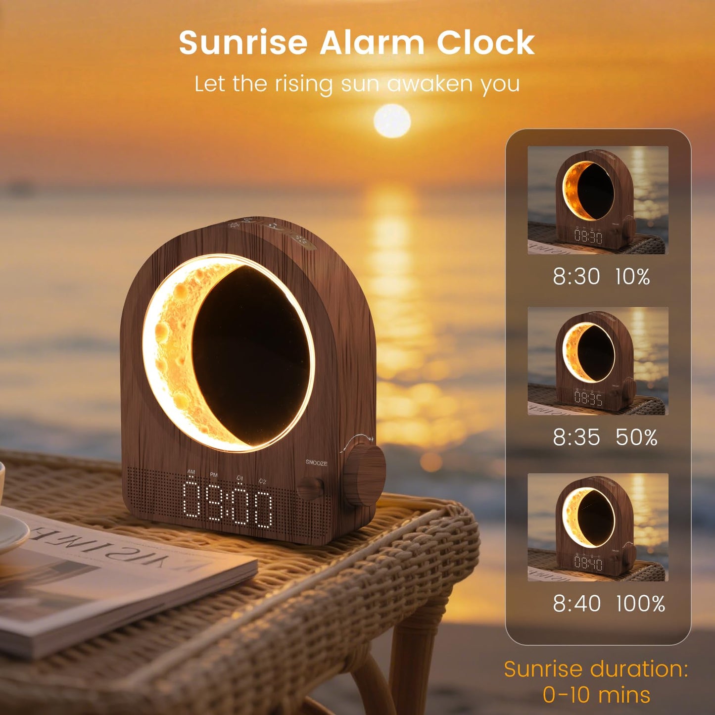 Epochleno Sunrise Alarm Clock, White Noise Machine & Meteor Moonlight - 10 Soothing Sounds, Dual Alarms, 30/60/90min Timer, Easy Snooze - Bedroom Gift for Insomnia Adults/Women - Walnut