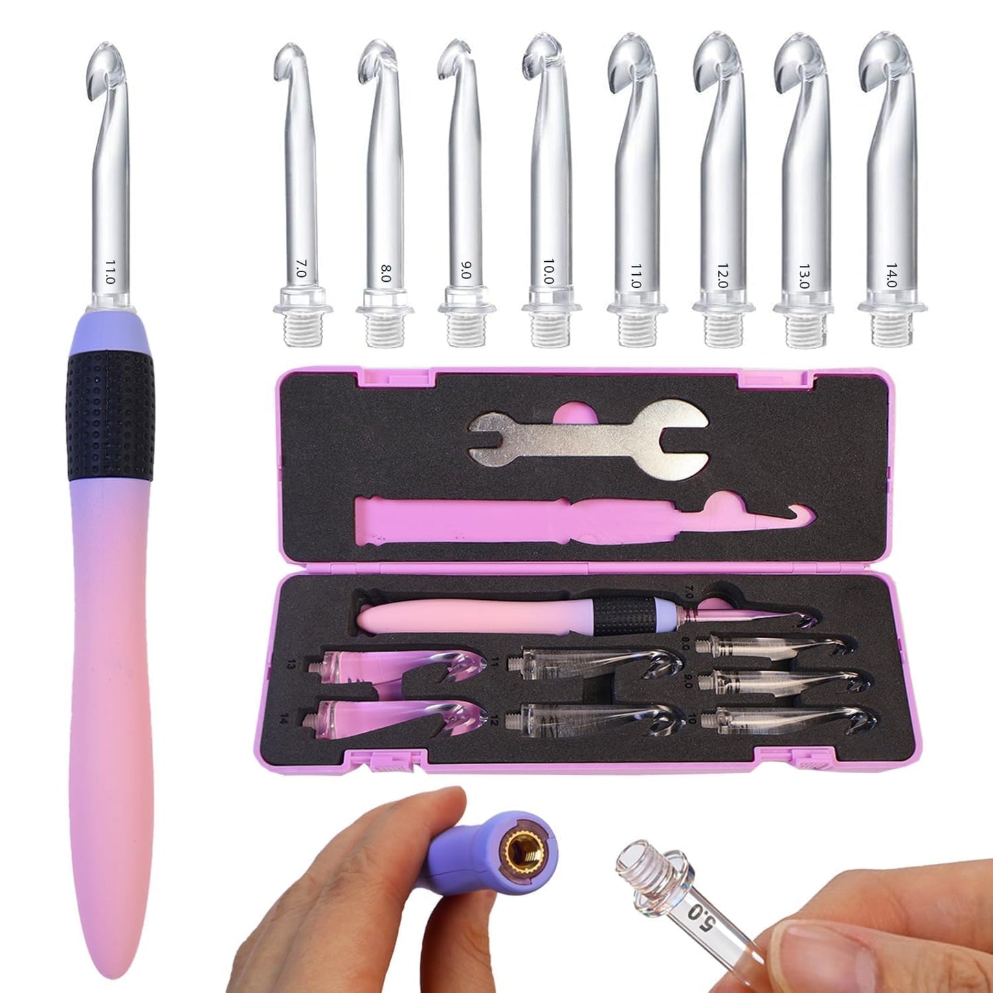 Yarniss Large Size Crochet Hook Set with Ergonomic Grips 7.0~14mm, Interchangeable Crochet Head with Gradient Screw-On Handle for Chunky Yarn