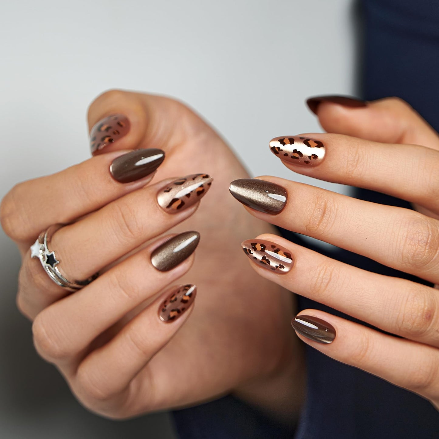 CurvLife Press On Nails Medium Almond – Bronze Brown Metallic Leopard Fake Nails, Reusable Soft Gel Glue On Nails with Adhesive Tabs, Natural Fit, Salon Quality for Women