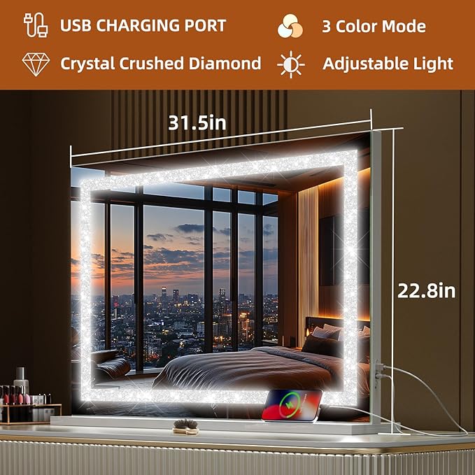 Fenair Vanity Mirror with Crushed Diamond Lights Strip 31.5" x 22.8" Lighted Hollywood Makeup Mirror with Tempered Glass, USB Charging Port, 3 Colors Modes, Dimmable Light and 10X Magnification Mirror