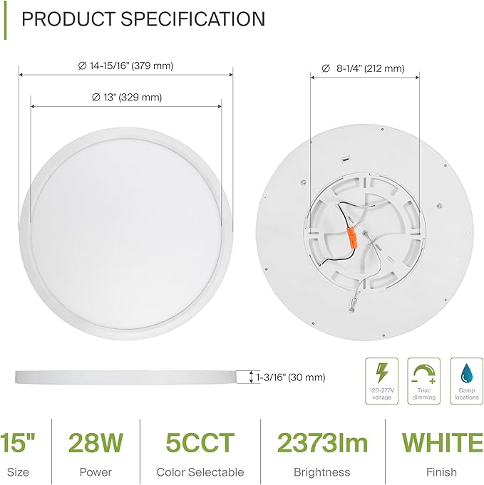 ASD LED 15" Round Flush Mount Ceiling Light Fixture, Low Profile Surface Lighting | 5CCT, Dimmable, Ultra-Thin, ETL Listed | 28W 2300LM 2700-6000K 100-277V | Kitchen, Hallway Lamp | White, 2 Pack