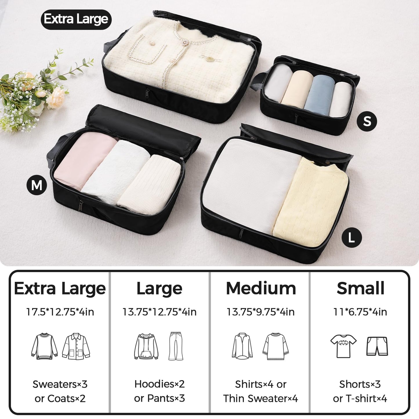 BAGAIL 4 Set/6 Set/8 Set Compression Packing Cubes Travel Accessories Expandable Packing Organizers (Cloth Pattern, 4-Black)