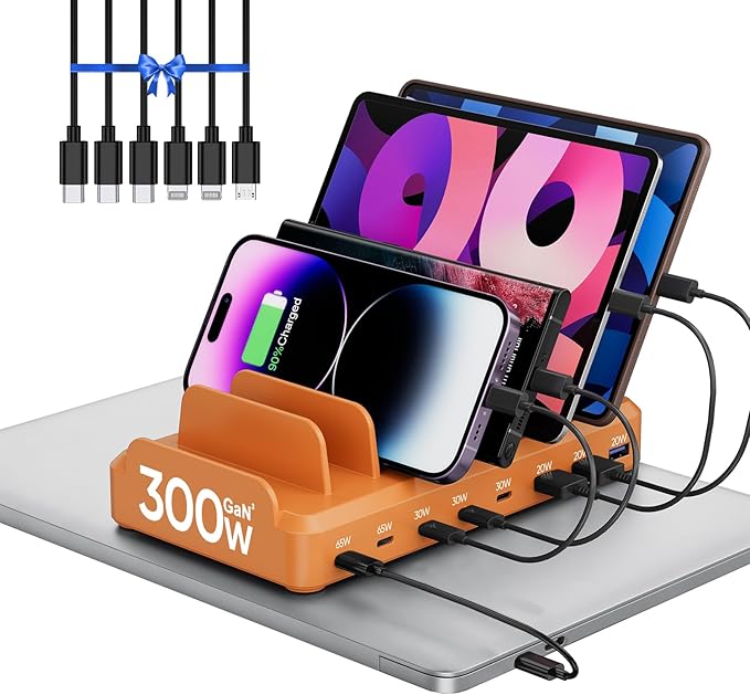 300W Charging Station for Multiple Devices, 8 Port Multi USB C Fast Charger Station Dock for MacBook iPhone 16/15/14/13/12 Samsung Pixel Series iPad, Orange (6 Mixed Short Cables Included)