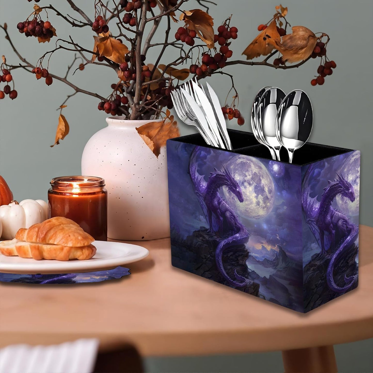 RVHOEZZM Pen Holder and Lace Mouse Mat Set, 2 Compartment Leather Pen Storage Boxes, Makeup Brush Storage Box, Suitable for Office and Home Desk Accessory Storage - Starry Purple Dragon