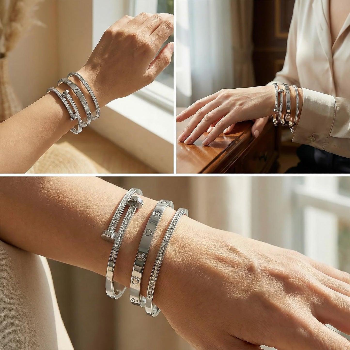 Camhanno Stackable Silver Bracelets for Women Stainless Steel Love & Friendship Bangle, Mothers Day Valentines Birthday Christmas Jewelry Gifts for Mom Her Wife Grandma(Style 15)