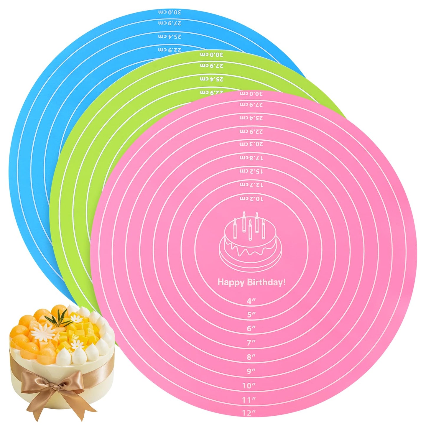 TIESOME 3 Pcs Round Silicone Baking Mat, 12 Inch (30cm) Silicone Rolling Mat With Measurements, Reusable Non-Stick Heat Resistant Baking Sheet for Dough, Fondant, Cookie & Pizza (Blue Pink Green)