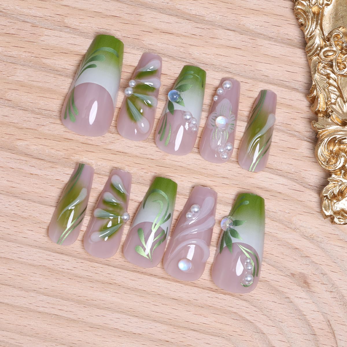 24Pcs Gradient Green Press on Nails Medium French Tip Fake Nails 3D Green Flower Glue on Nails with Pearl Rhinestones False Nails Summer Square Acrylic Nails Handmade Artificial False Nails for Women