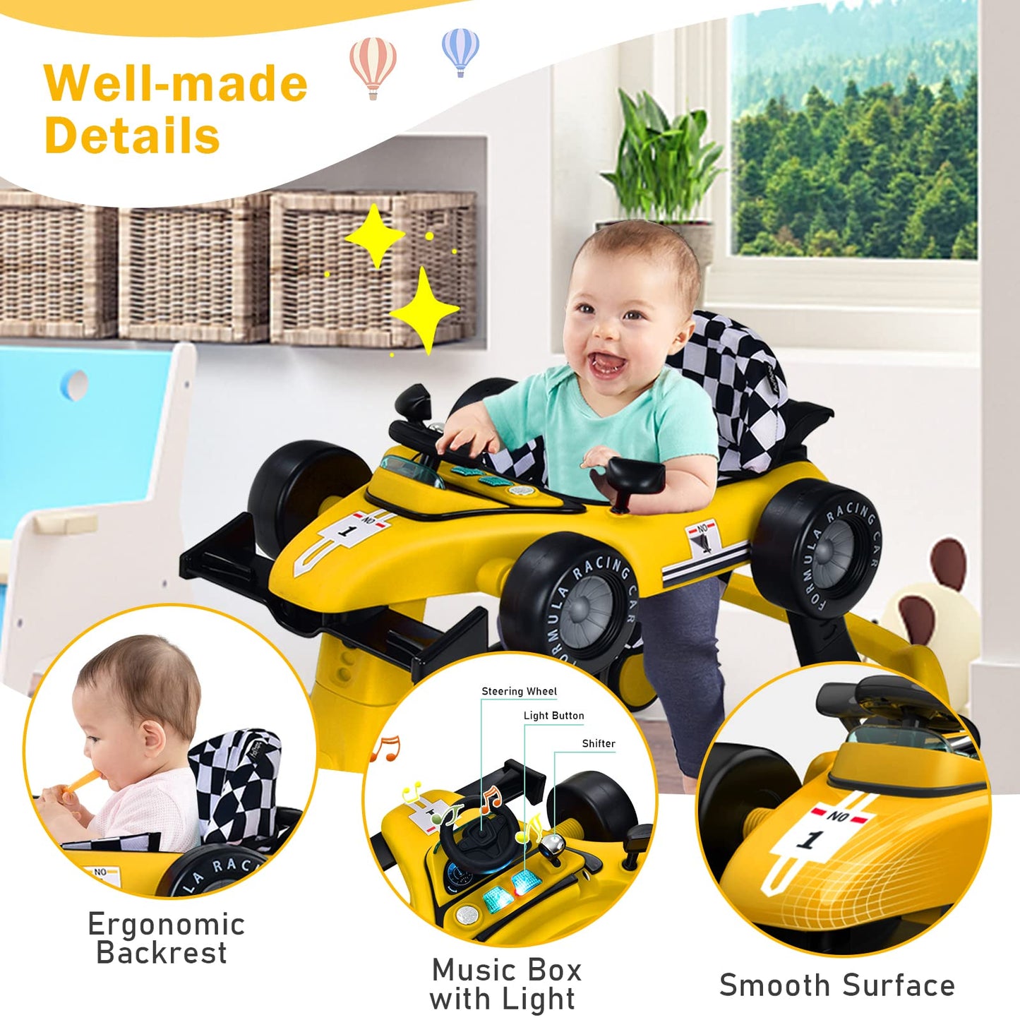 GLACER Foldable Baby Walker, 4-in-1 Infant Walker with Adjustable Height & Speed, Music, Light, Steering Wheel & Washable Cushion, Baby Walker Activity Center for Boys Girls 6 –18 Months (Yellow)