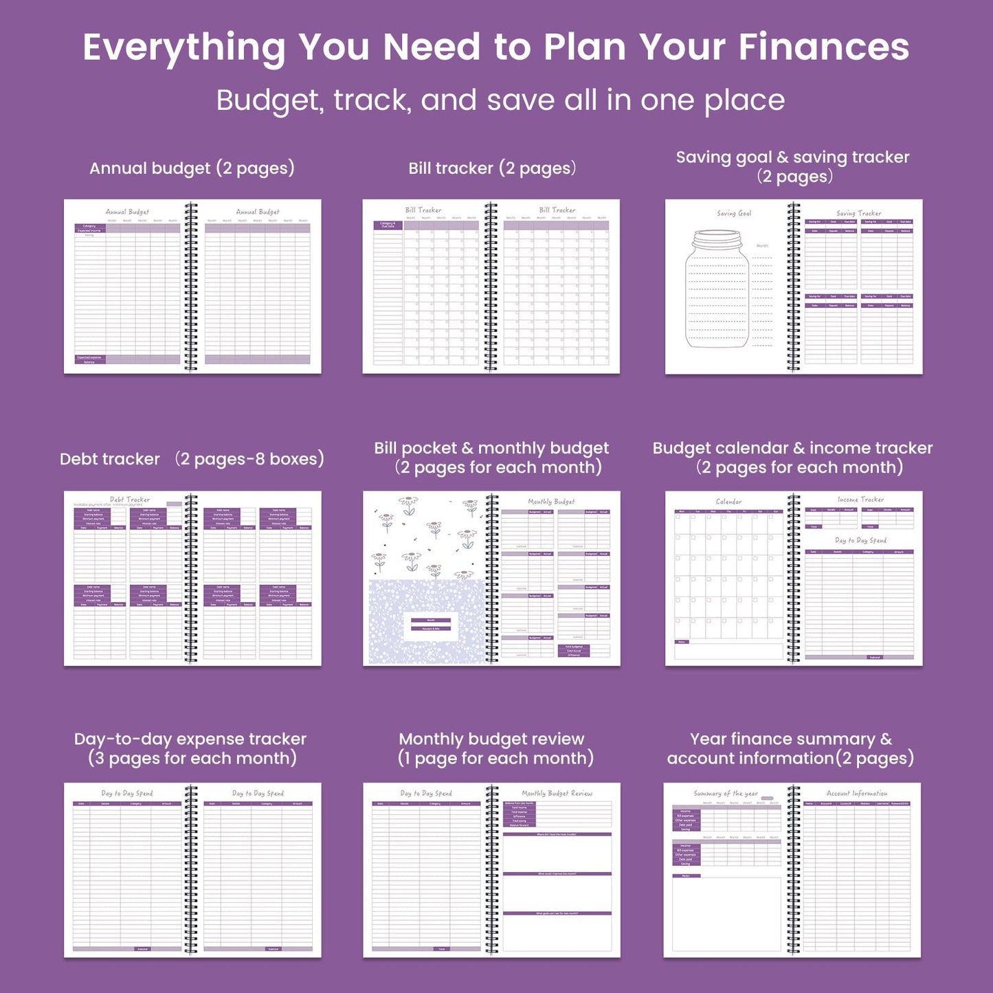 Monthly Budget Planner Book (Undated) with 12 Pockets for Income, Debt, Saving, Expense and Bill Tracker Organizer, Purple, Spiral Design