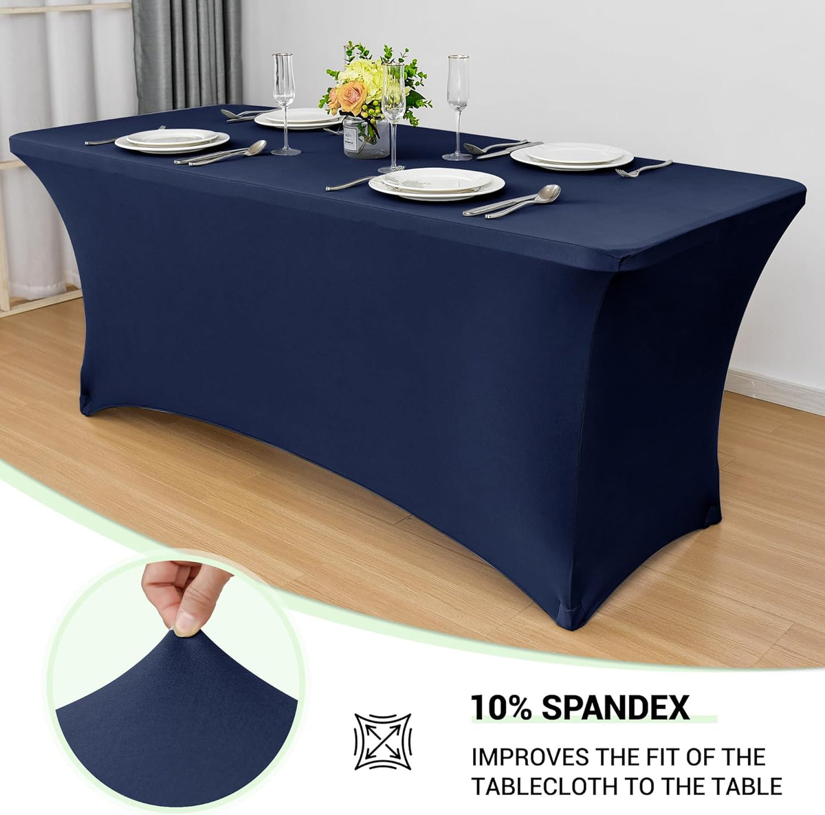 Obstal 6ft Stretch Spandex Table Cover for Standard Folding Tables - 2 Pack Universal Rectangular Fitted Tablecloth Protector for Wedding, Banquet and Party, 72L x 30W x 30H Inches, Navy Blue, 2pc