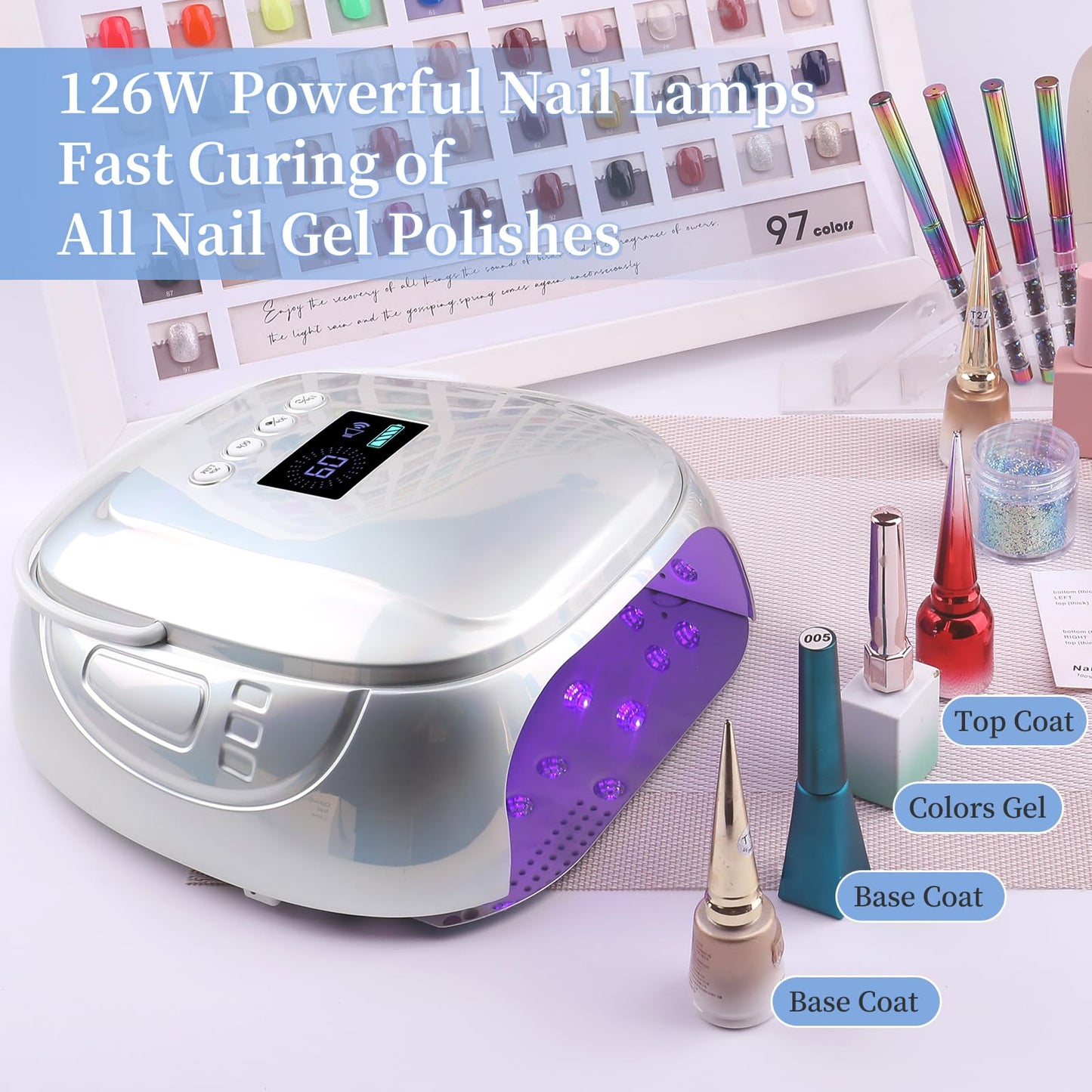 BOMOQING 126W Rechargeable UV LED Nail Lamp, Portable Cordless Nail Dryer with Auto Sensor and 4 Timer Settings, Professional Curing Lamp for Gel Polish and Salon (Plating Silver)
