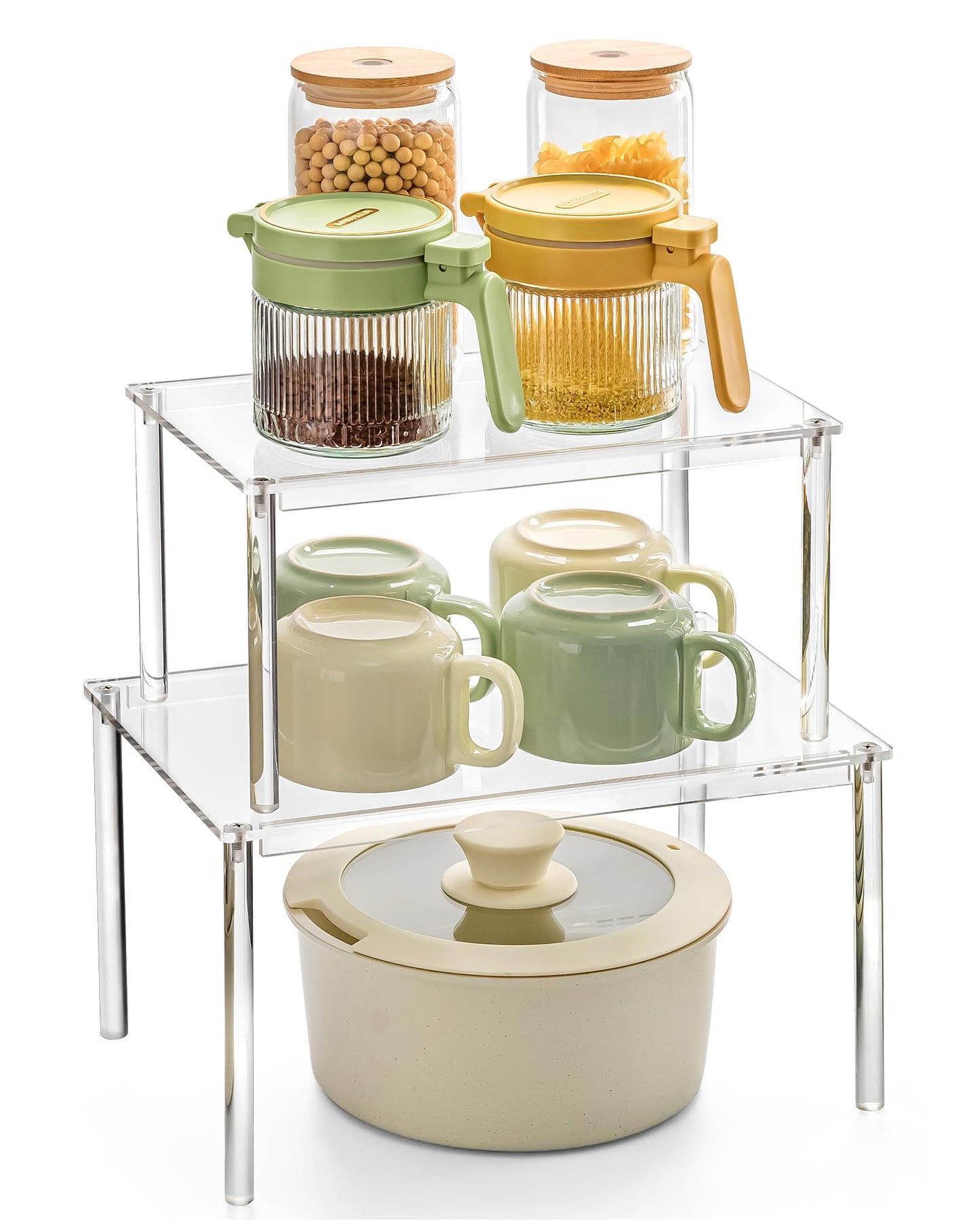 Bobomoment Acrylic Cabinet Organizer, Set of 2 Shelf Organizer, Spice Rack Organizer for Cabinet, Desk Countertop Organizer, Stackable Shelves for Pantry Kitchen Storage and Organization