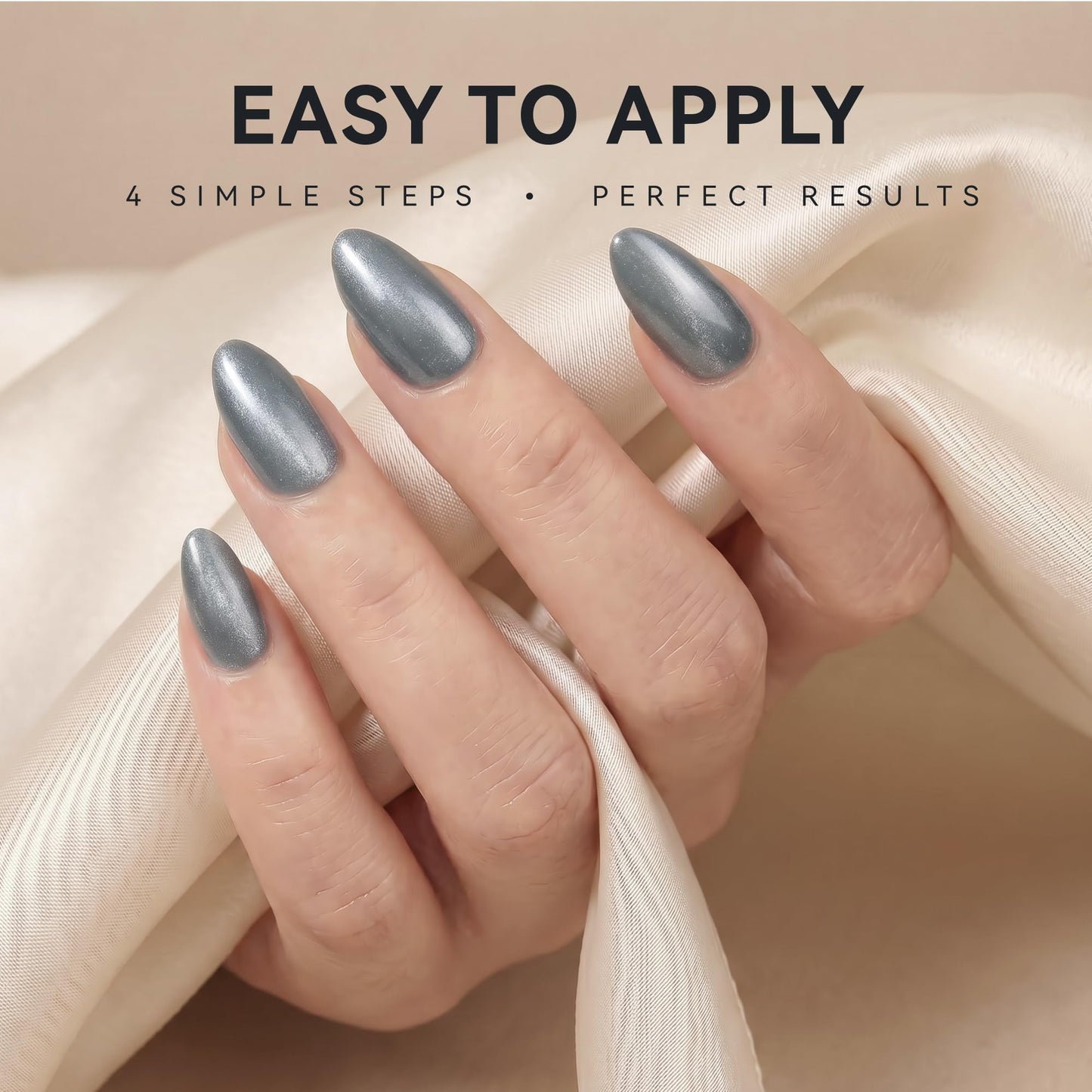 ELLEWIN 60 Pcs Cat Eye Press on Nails Medium Almond - Silver & Navy Blue, 15 Sizes Acrylic Glossy Glitter Stick on Nails Set with Glue, Remover & Accessories for Women