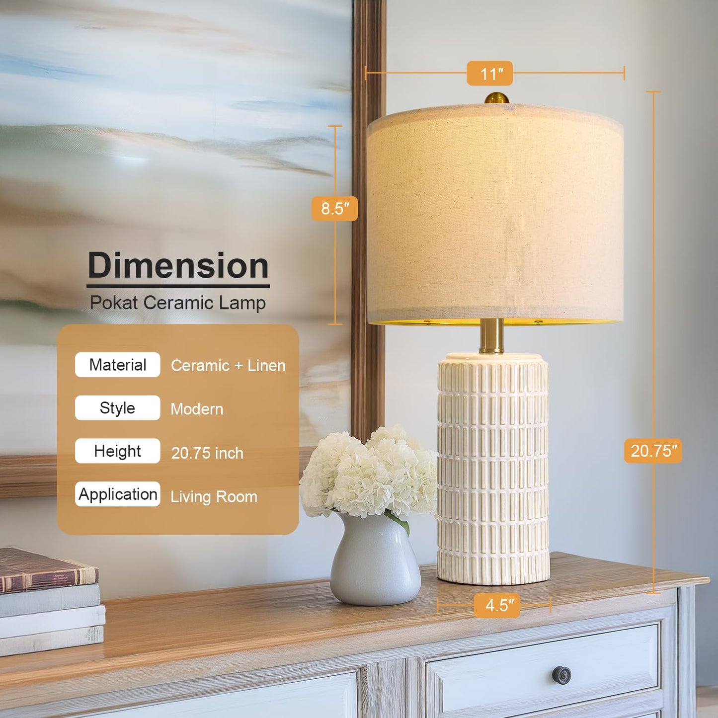 PoKat 20.75" Small Modern Ceramic Table Lamps Set of 2 for Bedroom, White Bedside Lamps for Night Stands, Farmhouse Desk Decor Gift Nightstand Table Lamps for Living Room End Table Beige
