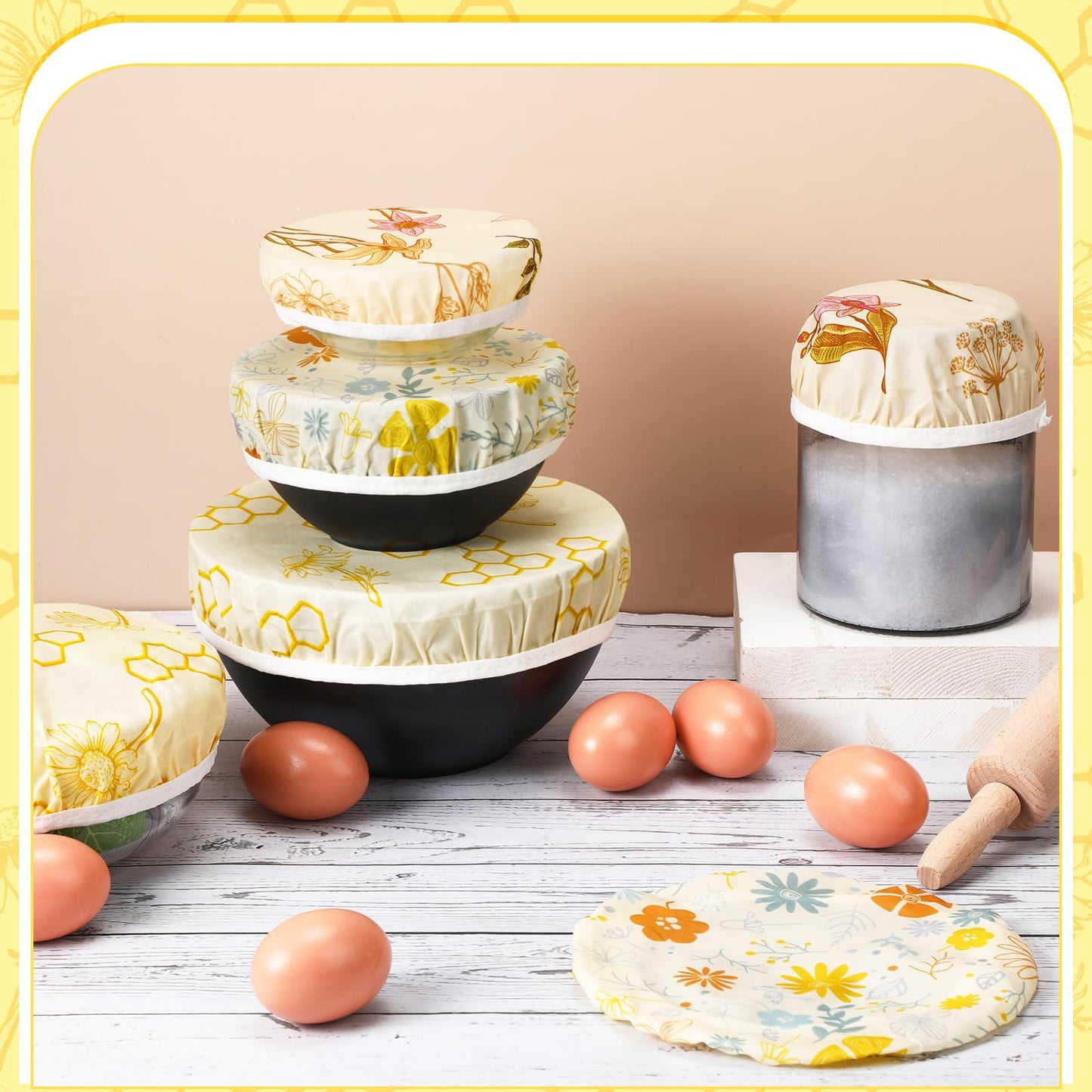 Yiyiring 6 Pcs Reusable Beeswax Bowl Covers for Bread Proofing 6/8/10 Inch Elastic Cotton Bowl Cover 3 Pattern Cloth Food Wrap Bread Proofing Cap for Mixer Container Baskets