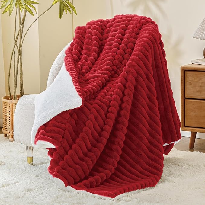 INFIIXSO Sherpa Throw Blanket for Couch - Super Soft & Warm Striped Fleece Blanket, Cozy Plush Fluffy Blanket All Season Use (Red, 50x60 Inches)