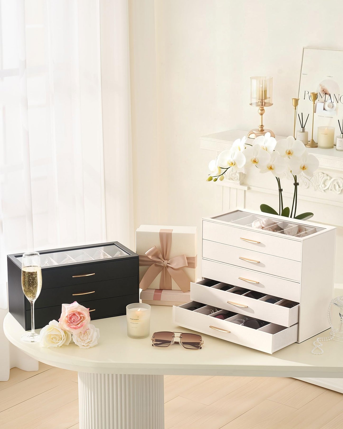 Lolalet 30 Slots Sunglasses Organizer Case for Women, 5-Layer Eyeglass Storage Holder Display Box with Clear Top Lid -Cream